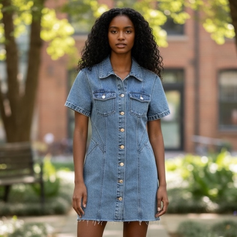 Pilcro Short Sleeve Denim Button Front Mini Dress
